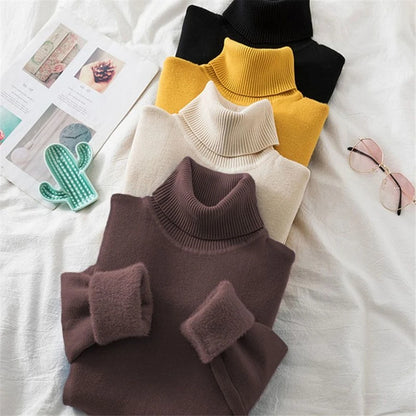 Turtleneck Winter Sweater Women Elegant Thicken Velvet Lined Warm Sueter Knitted Pullover Slim Tops Jersey Knitwear Jumper New - Smarsty