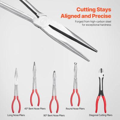 SucceBuy 5-Piece Needle Nose Pliers 11 in Long Needle Nose Pliers Set Diagonal Cutting Pliers 45°/90° Bent Round Nose Plier