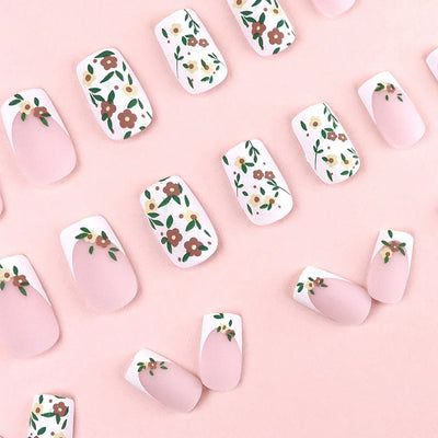 24 Piece Medium Long Fake Nails with Peach Flower Design - Smarsty