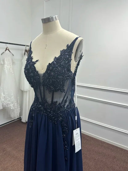 Spaghetti Straps Navy Blue A Line Evening Dresses 2025 Elegant Beaded Appliques Illusion Prom Gowns Formal Party Vestido De Gala