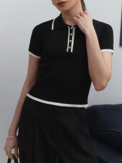 Talenza Women's Knitted Pullover Fashion Short Sleeve Patchwork Sweater Top Elegant Slim Contrast Lapel Knitted Pullover Top - Smarsty