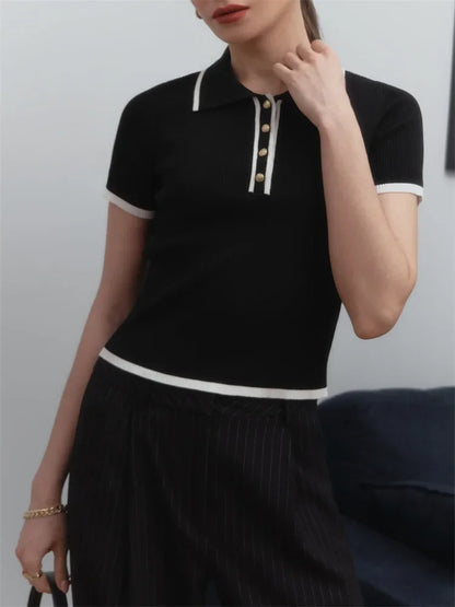 Talenza Women's Knitted Pullover Fashion Short Sleeve Patchwork Sweater Top Elegant Slim Contrast Lapel Knitted Pullover Top - Smarsty