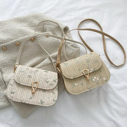 Straw Saddle Bag Crossbody Embroidered For Women Trendy - Smarsty