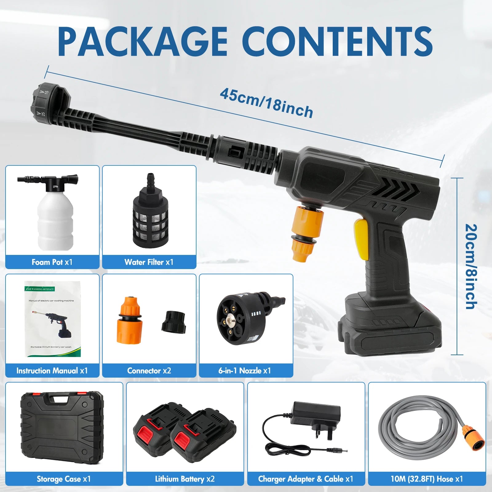 Cordless Pressure Washer Gun Electric 6 IN 1 Nozzle Portable 21V 500PSI 3200rpm High-Power With Battery 10M (32.8FT) Hose - Smarsty