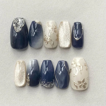 Romantic 24pcs Blue French Style Press On Nails - Smarsty