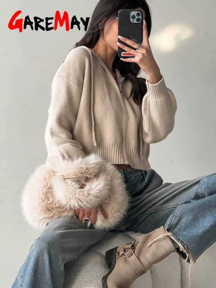 Autumn Knitted Women's Short Cardigan with Zipper Gray Winter Sweater Casual Cute Vintage White Cardigan for Women with Hood - Smarsty