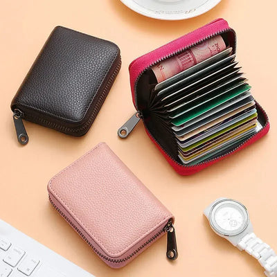Multi Slot Card Holder Vintage Small Wallet Women Men Business Bank Credit Card Bag Male Coin Pouch Solid Leather Zipper Wallet - Smarsty