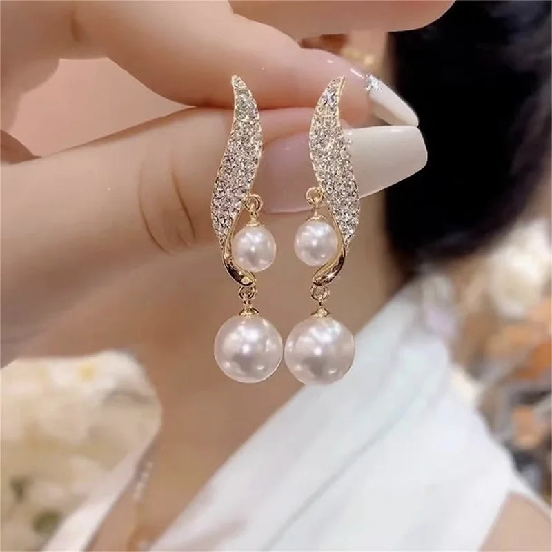 Elegant Double Pearl Dangle Earrings for Women Wedding Jewelry - Smarsty