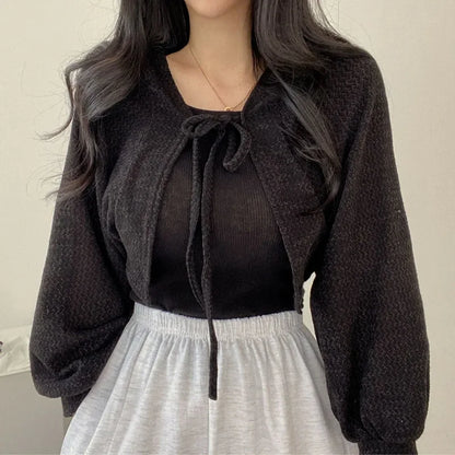 White Knitted Cardigan for Women Summer Thin Sunscreen Lace-Up Knitwear Tops Female Fashion Korean Lantern Sleeve Short Coat - Smarsty