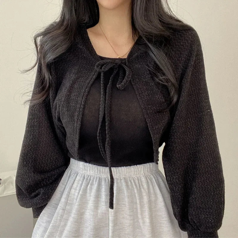 White Knitted Cardigan for Women Summer Thin Sunscreen Lace-Up Knitwear Tops Female Fashion Korean Lantern Sleeve Short Coat - Smarsty
