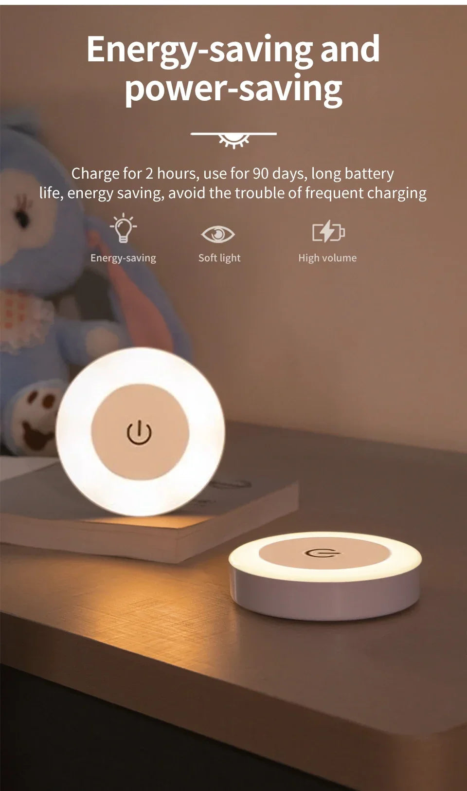 Rechargeable Round LED Wall Lamp with Dimmable Touch Switch - Smarsty