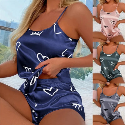 Women Ice Silk Pajamas Sleepwear Pajama Set Camisole Shorts L XL XXL Gray Pink Low Cut Comfortable Casual Summer - Smarsty