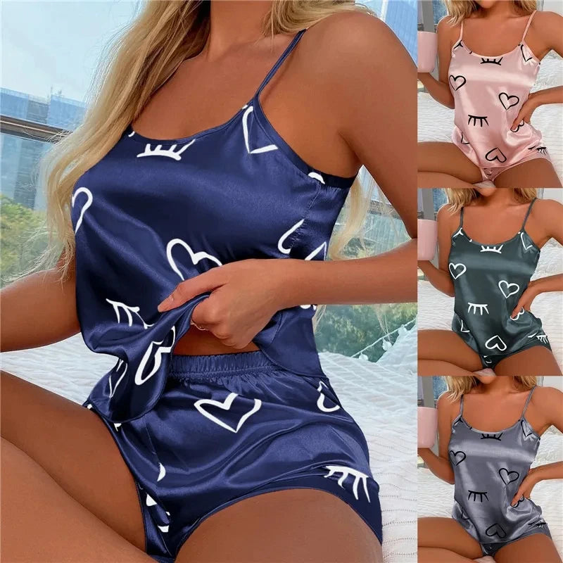 Women Ice Silk Pajamas Sleepwear Pajama Set Camisole Shorts L XL XXL Gray Pink Low Cut Comfortable Casual Summer - Smarsty