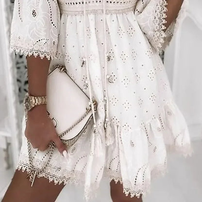 Hollow Out Summer Dress for Women Female V Neck Long Sleeve White Dresses Loose Solid Casual Women Beach Holiday Dress Vestidos - Smarsty
