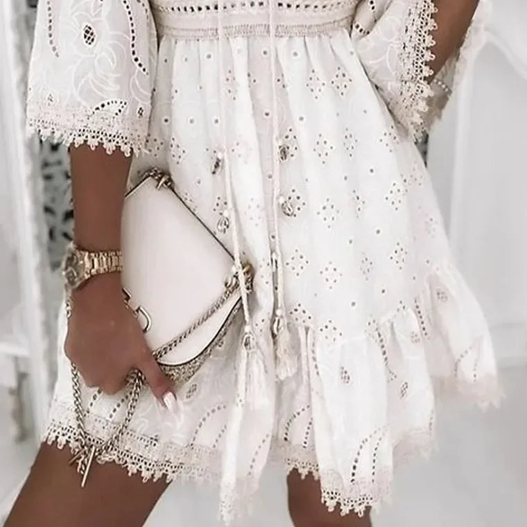 Hollow Out Summer Dress for Women Female V Neck Long Sleeve White Dresses Loose Solid Casual Women Beach Holiday Dress Vestidos - Smarsty