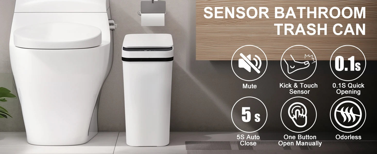 2 Pack 12L Bathroom Automatic Trash Cans Touchless Motion Sensor Slim with Lid for Bathroom Bedroom Living Room Office White - Smarsty