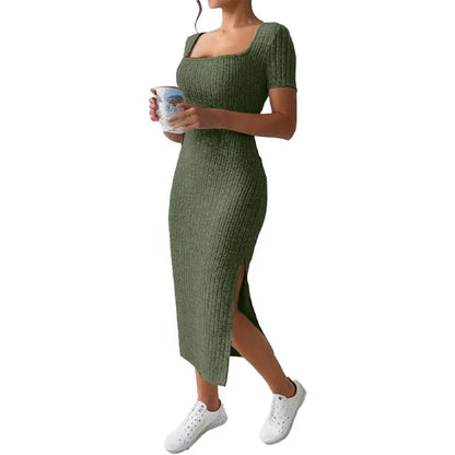 Summer Square Neck, Hip-Hugging Mid-Length Skirt, Short-Sleeved, Versatile Knitted Slit Dress - Smarsty