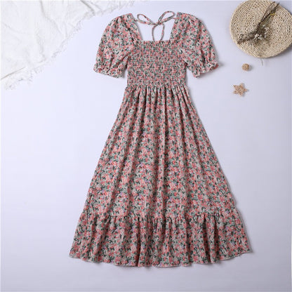 Summer Pleated Women Chiffon Dresses Casual Beach Holiday Short Sleeve Square Collar Woman Midi Dress Bohemian Mujer Vestidos - Smarsty