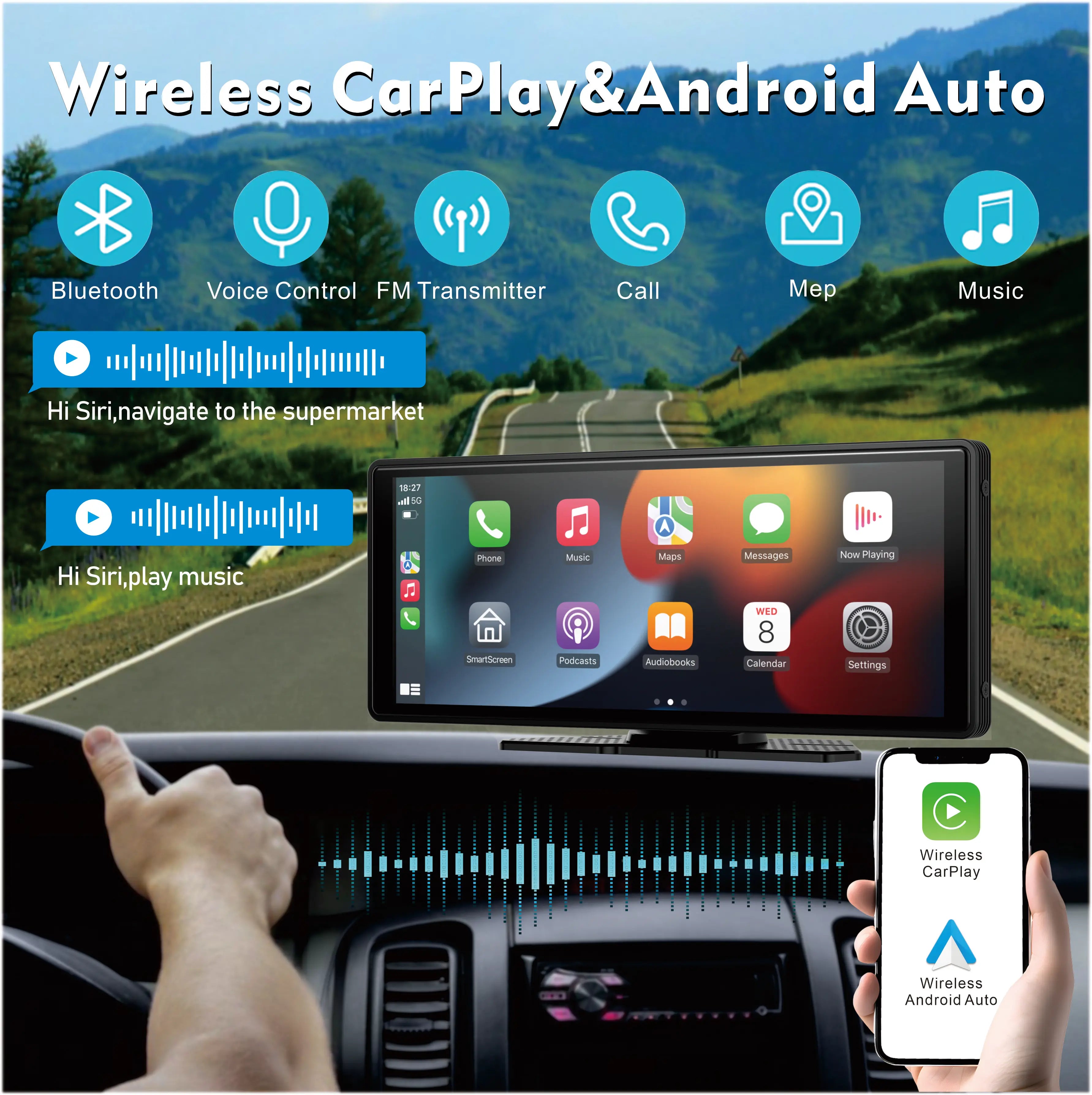 Pionray 10.26” CarPlay Android Auto Car Radio Multimedia Video Player IPS Touch Screen With AUX USB Supports Reversing Camera