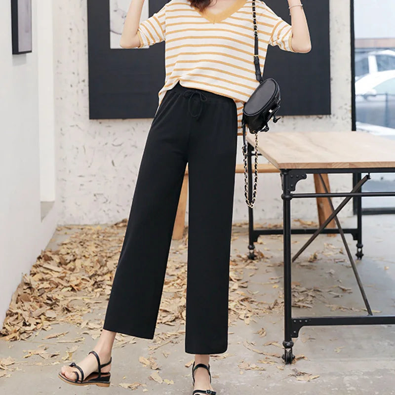 Women Ankle-Length Wide Leg Pants Casual Summer Solid Elastic Waist Loose Ice Silk Pants Spring Summer Female Trousers - Smarsty