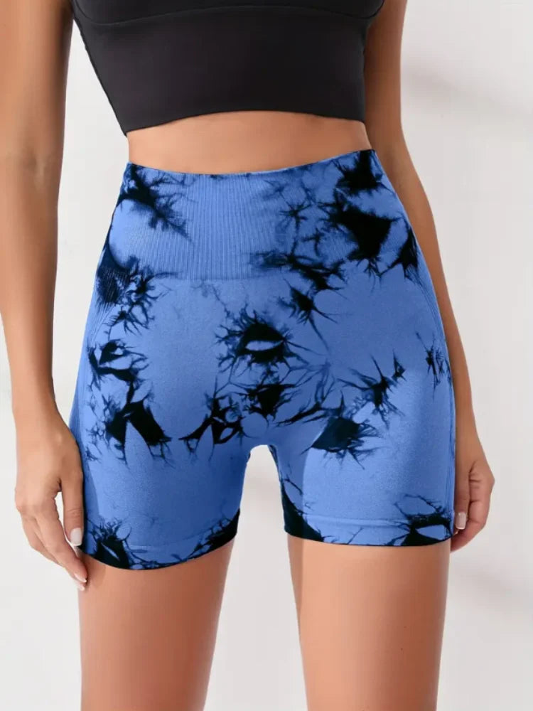 Tie Dye Multi Color Sports Shorts, High Waist Butt Lifting Training Shorts, Running Cycling Pants, Women's Activewear - Smarsty