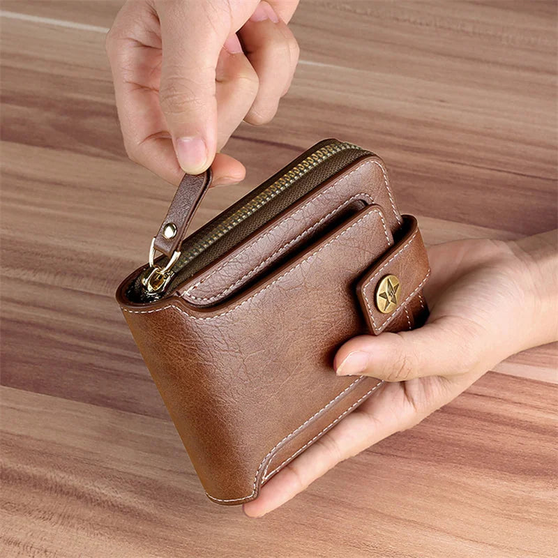 Vintage Men's Wallet PU Leather Short Purse Men Hasp Zipper Clutch Solid Color Wallets High Quality Durable Convenient Wallets - Smarsty
