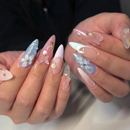 Colorful Press On Almond Nails Set with Pearl Flowers - Smarsty