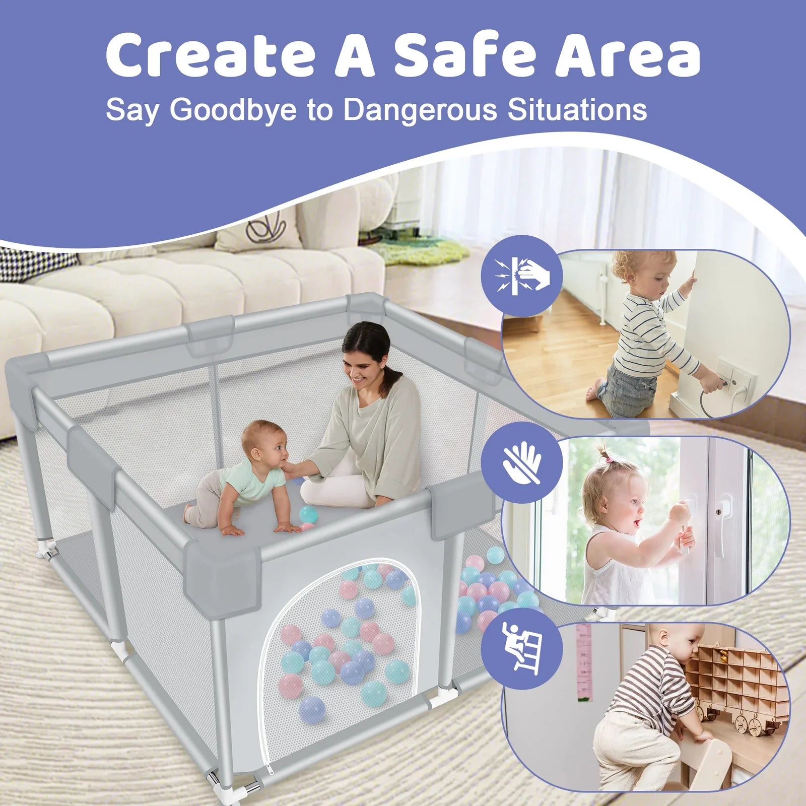 ANGDUO Baby Playpen 50*50 Inch Baby Play Yard With Soft Breathable Mesh Play Fence Infant Playard For Boy And Girls Light Gray