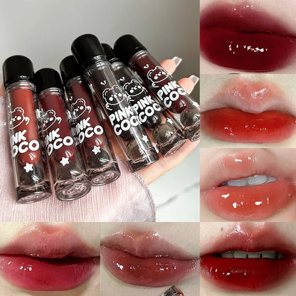 Pinkcoco Bear Doodle Mirror Lip Glaze Long Lasting Shine - Smarsty