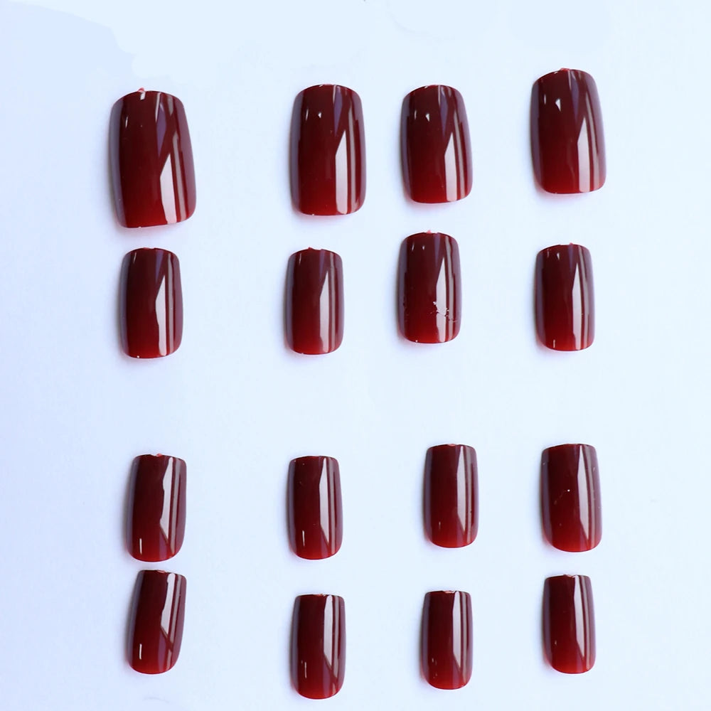 Short Square Wine Red Press On Nails Set - Smarsty