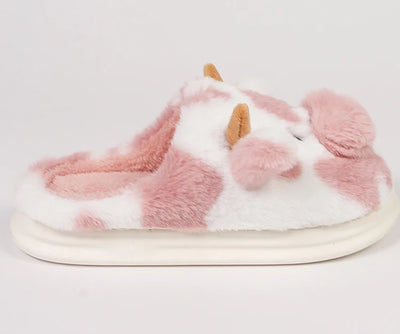 Casual Fluffy Slippers Women House Cute Cartoon Cow Designer Shoes Girl Flat Fashion Elegant Plush Winter Platform Footwear Home - Smarsty