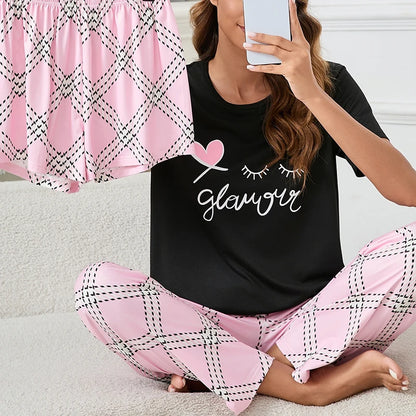 Women's Short Sleeve Crew Neck Top With Shorts And Pants 3 Piece Loungewear Sleepwear Lounge Sets Nighty Print Casual Pajama Set - Smarsty