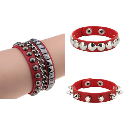 Black Goth Leather Bracelets Set with Spike Rivets - Smarsty
