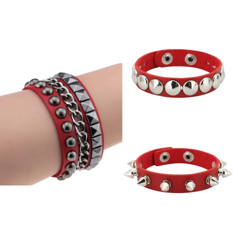 Black Goth Leather Bracelets Set with Spike Rivets - Smarsty