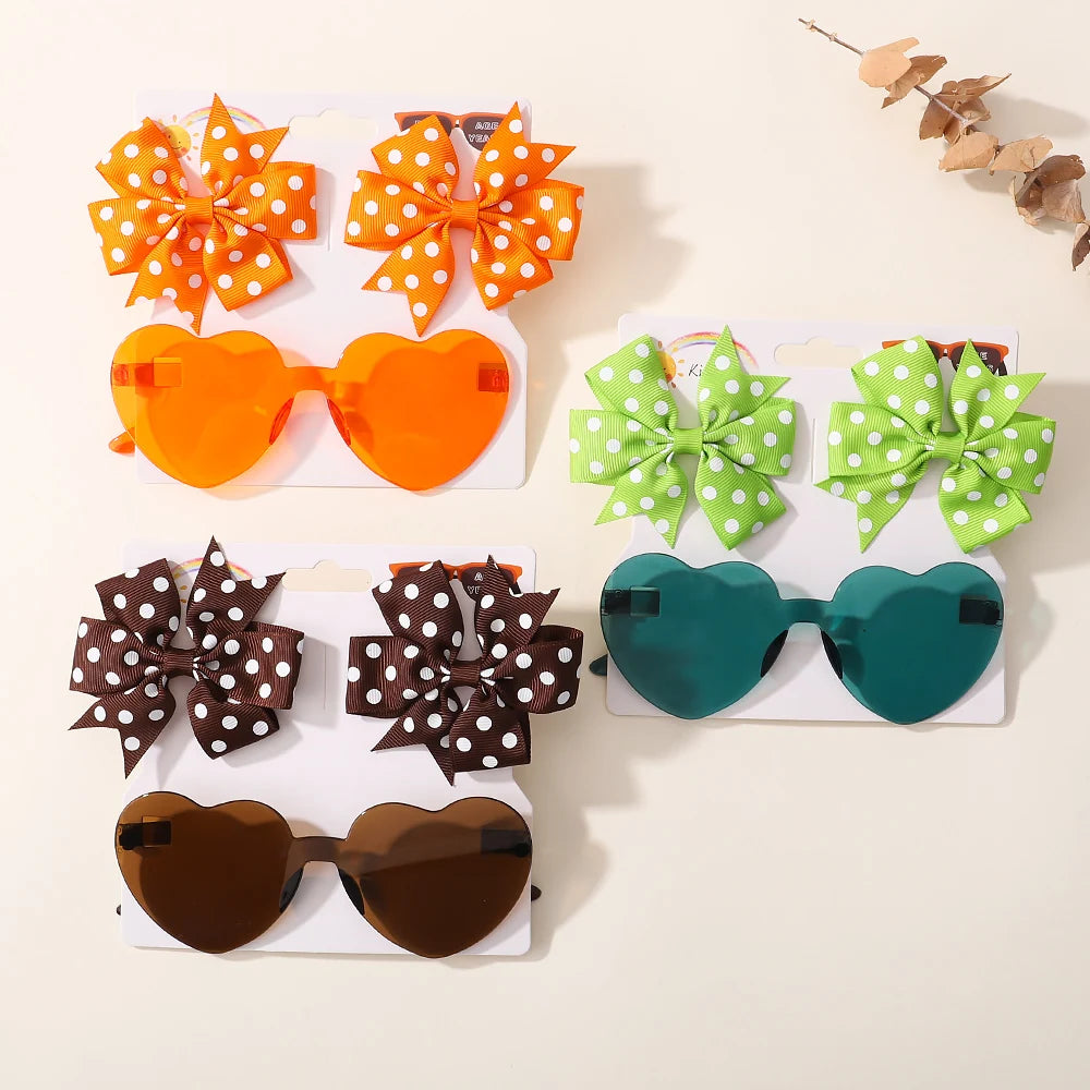 Colorful Heart Sunglasses and Dot Hairpin Set for Girls - Smarsty