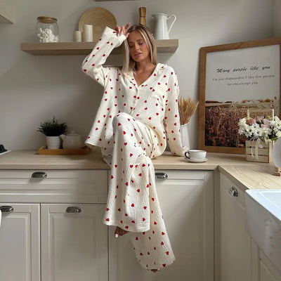 Summer New Love Heart Print Pyjama 100% Cotton Long Sleeve Set 2Pcs Outfit Lapel Sleepwear Button Down Women's Pajamas Nightwear - Smarsty