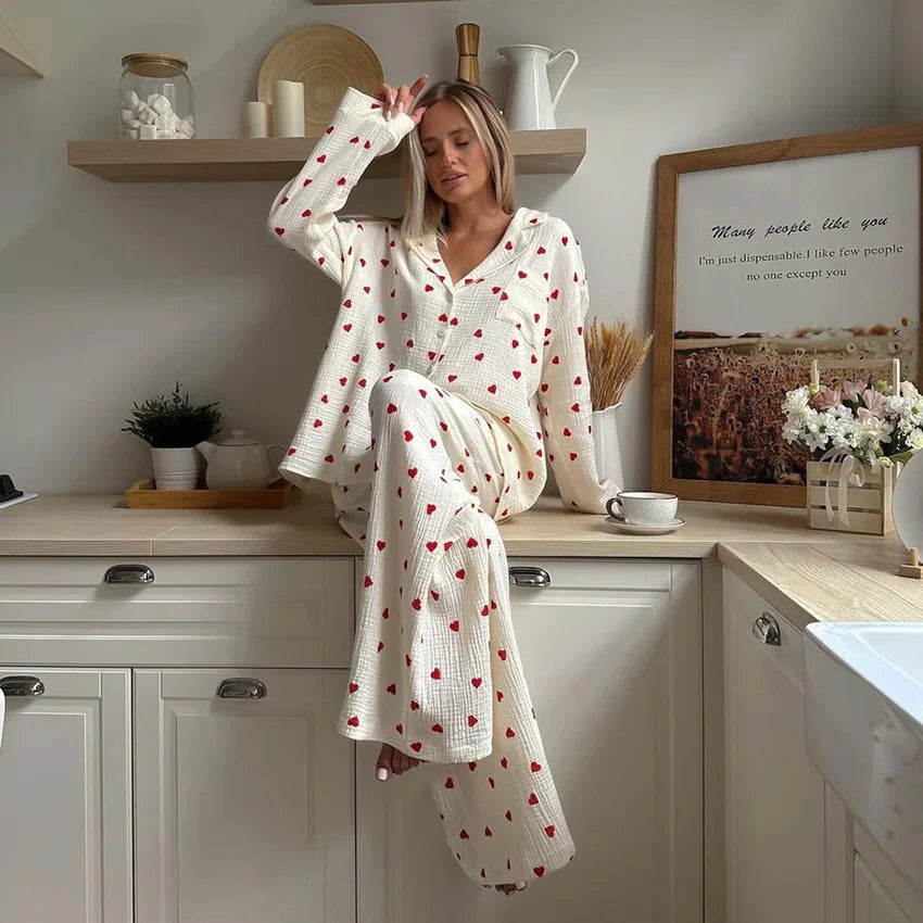 Summer New Love Heart Print Pyjama 100% Cotton Long Sleeve Set 2Pcs Outfit Lapel Sleepwear Button Down Women's Pajamas Nightwear - Smarsty