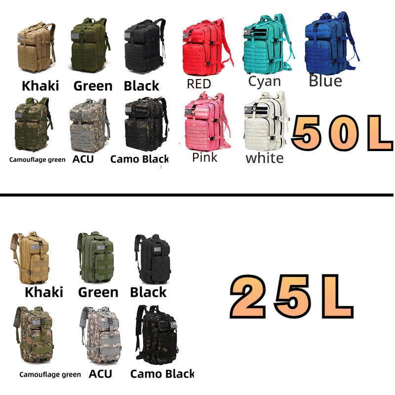 25L/50L Sturdy Nylon Waterproof Tactical Sports Trekking Fishing Hunting Camping Hiking Bag Backpack Outdoor Rucksacks - Smarsty
