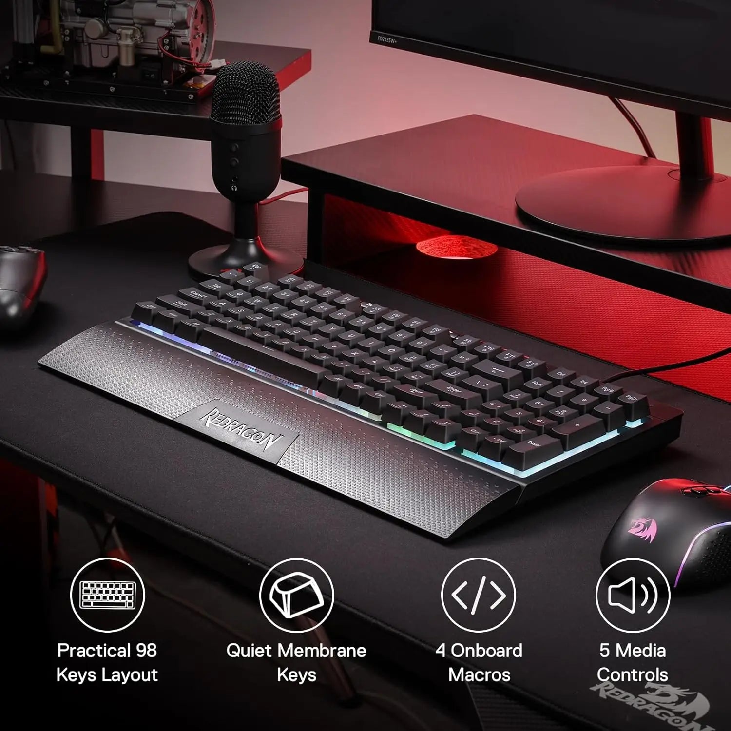 Redragon K515 Shiva RGB Membrane Gaming 98 Keys Mechanical Detachable Wrist Rest Smooth Linear Switch Keyboard