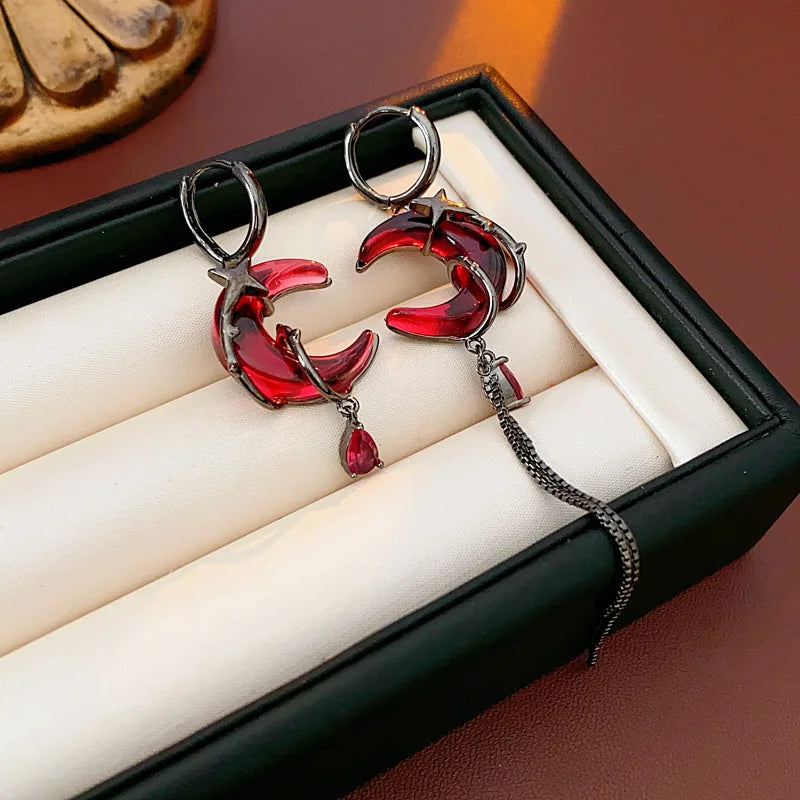 Asymmetrical Red Moon Rose Drop Earrings for Women Stylish Jewelry - Smarsty