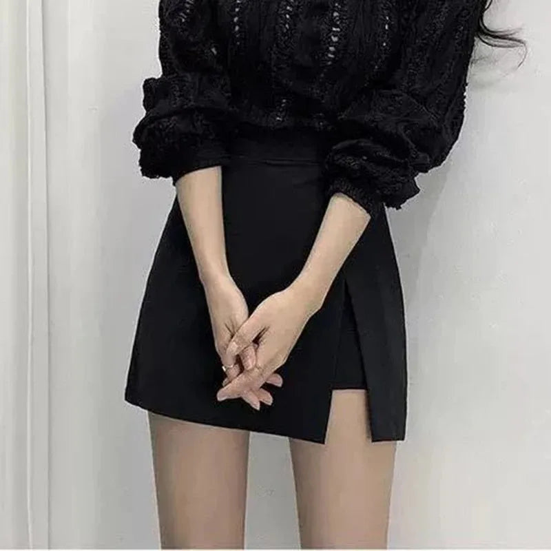 Black Mini Skirts Women Irregular Side Slits High Waist A Line Shorts Skirts Summer Korean Fashion Chic Hip Wrap Skirt Female - Smarsty