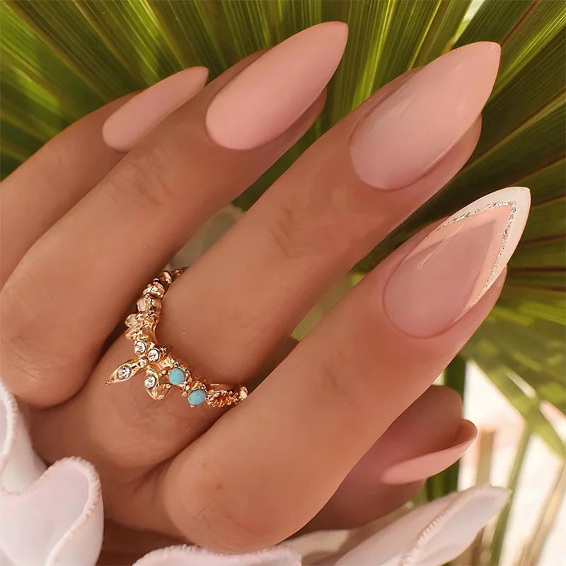 Colorful Press On Almond Nails Set with Pearl Flowers - Smarsty