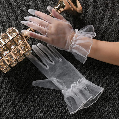 Women Lace Tulle Gloves Stretchy Full Finger Wedding Gloves - Smarsty