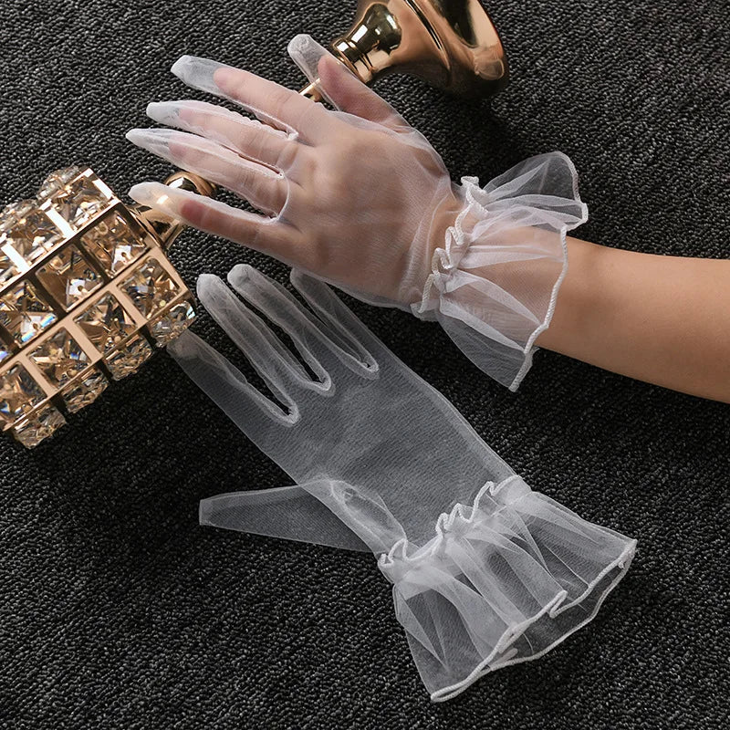 Women Lace Tulle Gloves Stretchy Full Finger Wedding Gloves - Smarsty