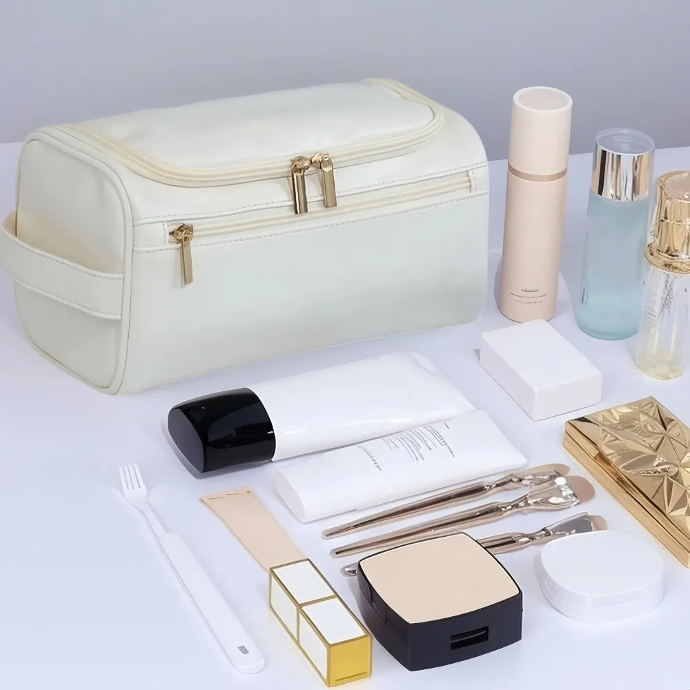 Stylish Embossed Leather Travel Cosmetic Organizer - Hook Design, Roomy Interior for Toiletries and Makeup zwq - Smarsty
