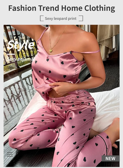 Women Satin Silk Pajamas Sets Letter Print Cami Vest Shirt With Trouser Sleepwear Ladie Sexy Pajama Lingerie Pyjamas Nightwear - Smarsty