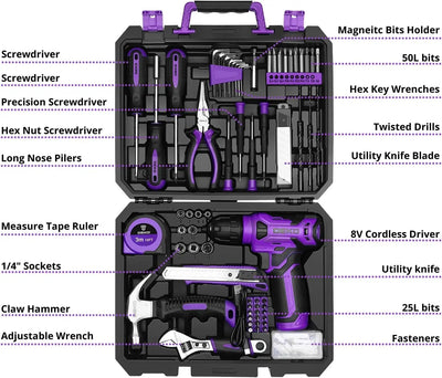 DEKO Drill Set Tool Set with 8V Red Cordless Drill, Home Tool Kit with Drill, Hand Tool Kits for Women 126 Piece