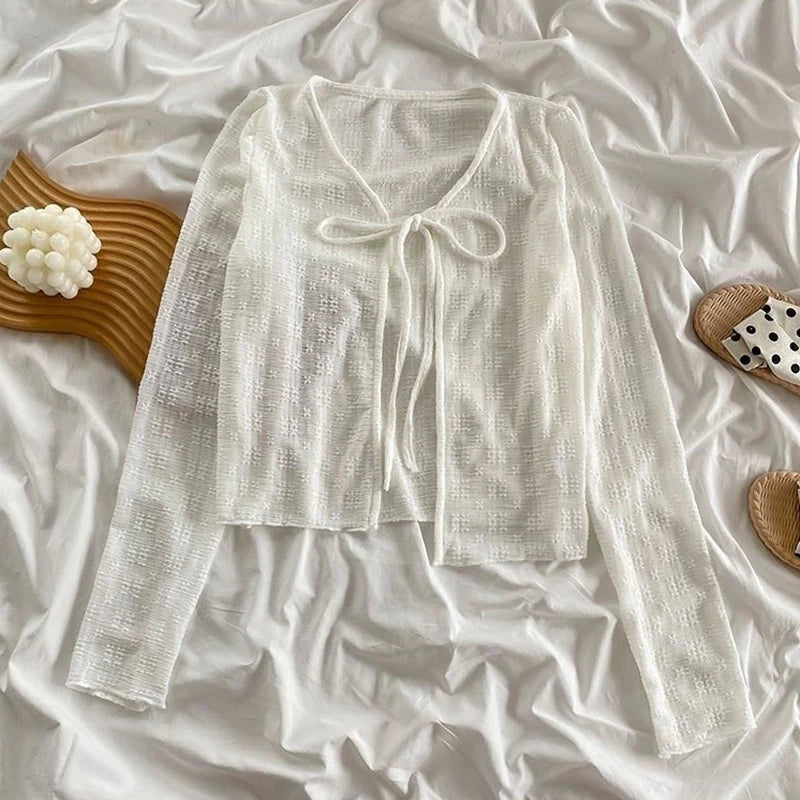 2024 White Tie Up Summer Cardigan Women Sexy Long Sleeve Sheer Mesh Crop Tops Woman Chic All Match Short Printed T Shirt Mujer