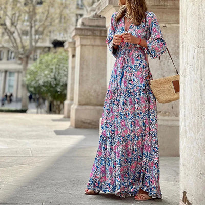 Women's Autumn New Fashionable Printed Sexy V-neck Long Sleeve High Waist Elastic Waist Medium Length Bohemian Dress - Smarsty
