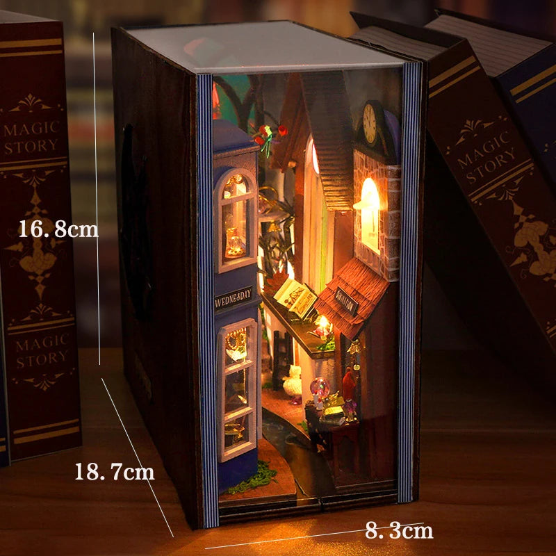 DIY Book Nook Shelf Insert Kit 3D Wooden Puzzle Doll House Assembly Building Model Bookends With Furniture LED Light Xmas Gifts by Smarsty